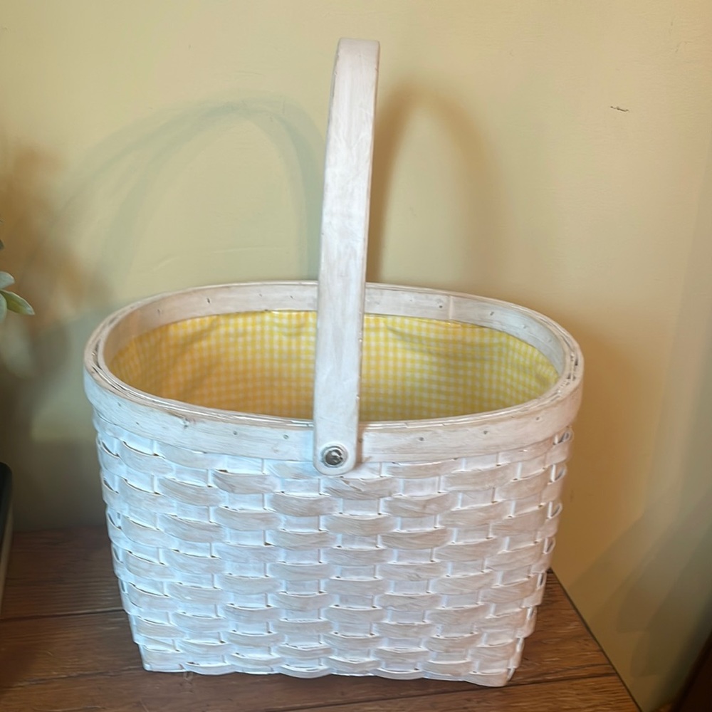 Yellow Gingham Distressed White Basket